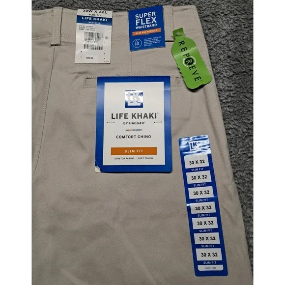 New Haggar Life Khaki Dress Pants Mens 30x32 Super Flex Waistband Chino Slim Fit - Picture 6 of 8